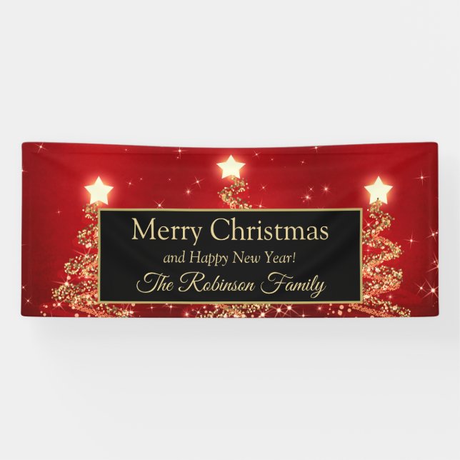 Frohe Weihnacht-Familien-Goldrote funkelnde Bäume Banner (Horizontal)