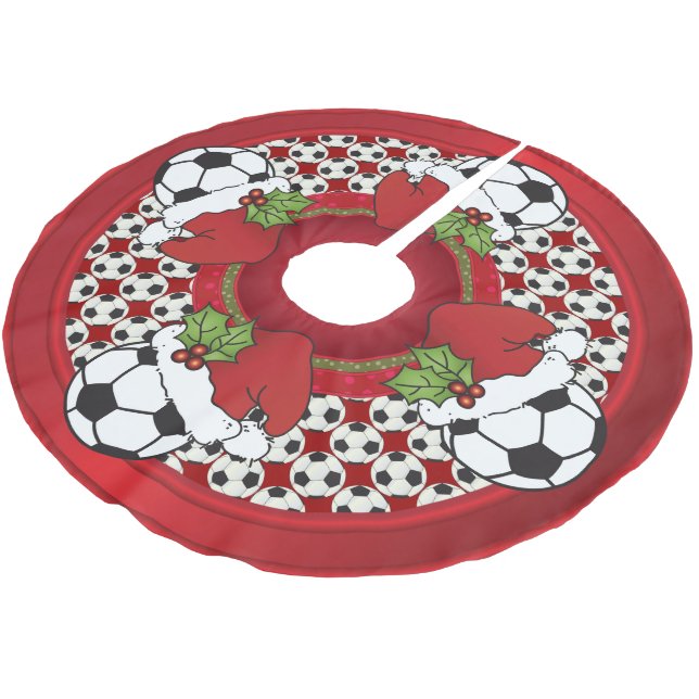 Frohe Weihnacht-Fußball-Liebhaber Polyester Weihnachtsbaumdecke (Schrägansicht)