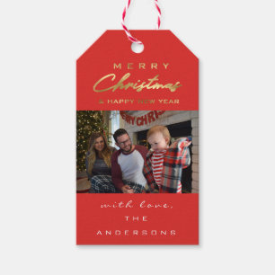 Frohe Weihnacht-Geschenk-Foto-rote Geschenkanhänger