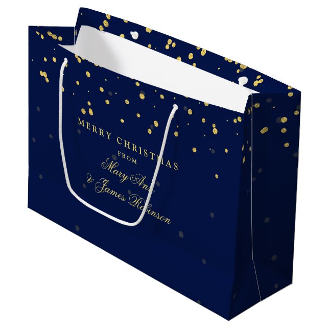 Frohe Weihnacht-GoldConfetti punktiert Marine-Blau Große Geschenktüte (Vorderseite Schrägansicht)