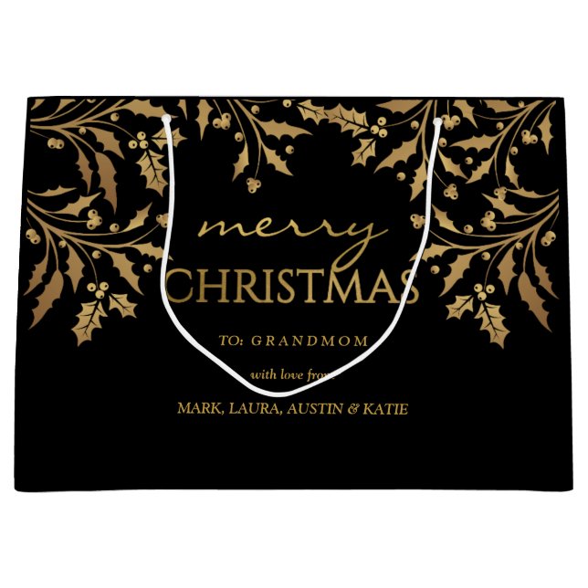Frohe Weihnacht-Goldfolien-Stechpalmen-Girlande Große Geschenktüte (Vorderseite)