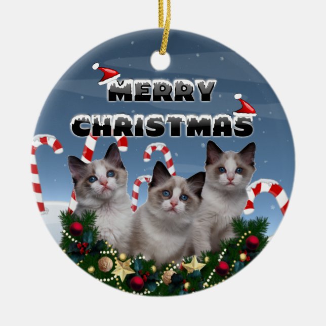 Frohe Weihnacht-Kätzchen im Zuckerstange-Land Keramik Ornament (Vorne)