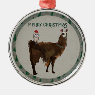 FROHE WEIHNACHT-LAMA U. EULE ORNAMENT AUS METALL