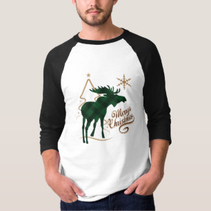 Frohe Weihnacht-Land-Art-Grün-karierte Elche T-Shirt