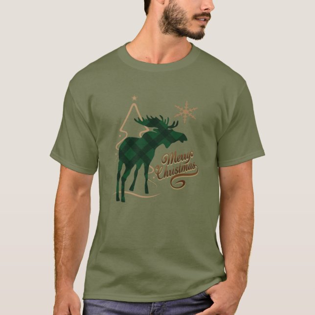 Frohe Weihnacht-Land-Art-Grün-karierte Elche T-Shirt (Vorderseite)
