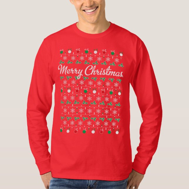 Frohe Weihnacht-langes Hülsen-Rot-T-Shirt T-Shirt (Vorderseite)