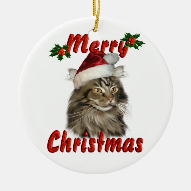 Frohe Weihnacht-Maine-Waschbär-Katze Keramik Ornament (Vorne)