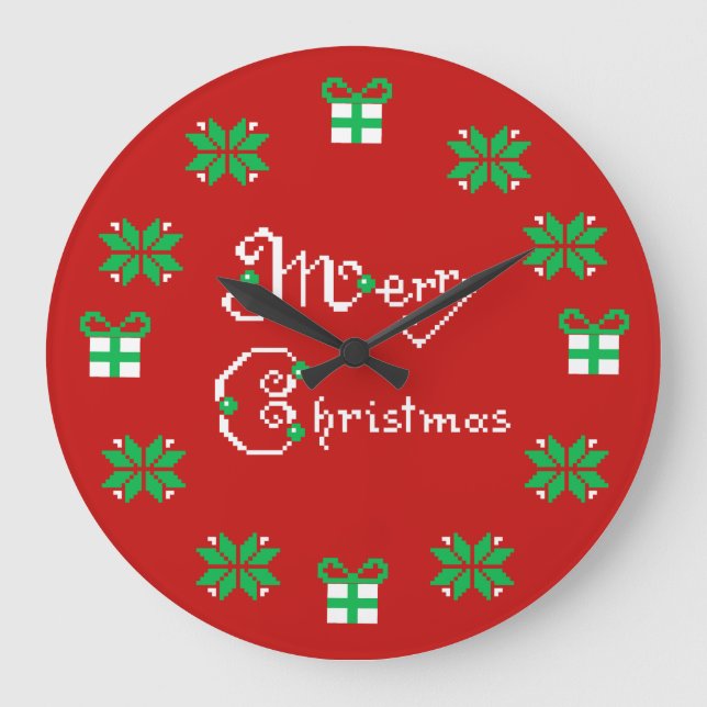 Frohe Weihnacht-Norweger-Verzierungen Große Wanduhr (Vorderseite)