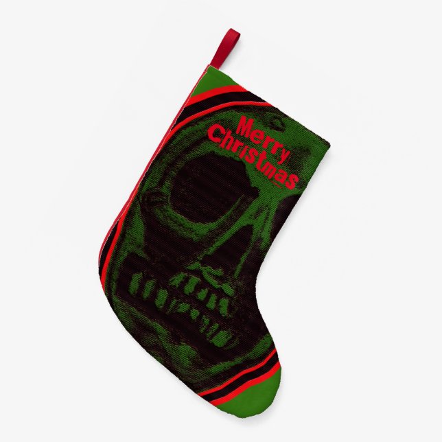 Frohe Weihnacht-Schädel-Grün Kleiner Weihnachtsstrumpf (Vorderansicht (hängend))