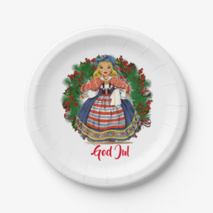 Frohe Weihnacht-schwedische Retro Puppe Gott-Juls Pappteller