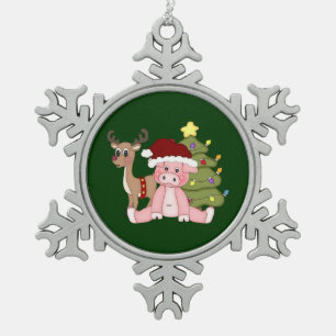 Frohe Weihnacht-Schwein Schneeflocken Zinn-Ornament