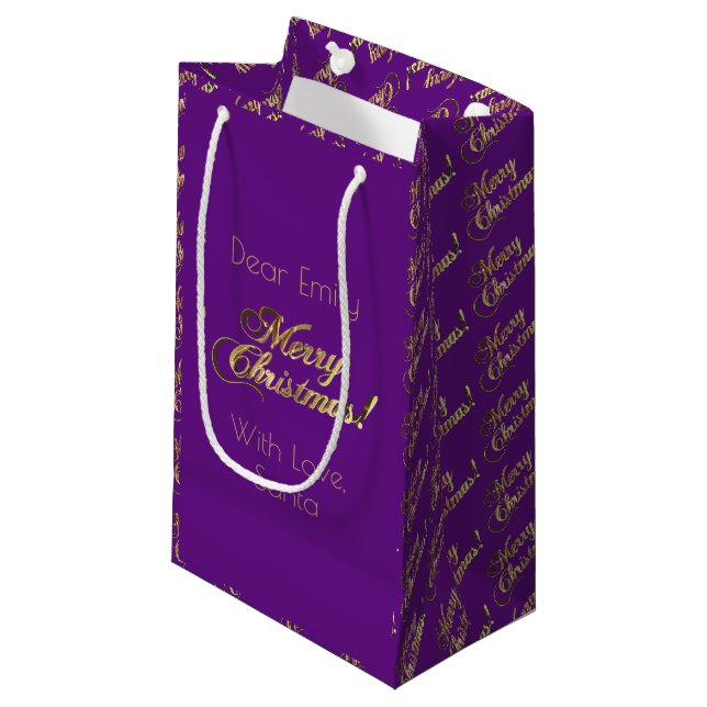 Frohe Weihnacht-Skript-Imitat-Goldfolie lila Kleine Geschenktüte (Vorderseite Schrägansicht)