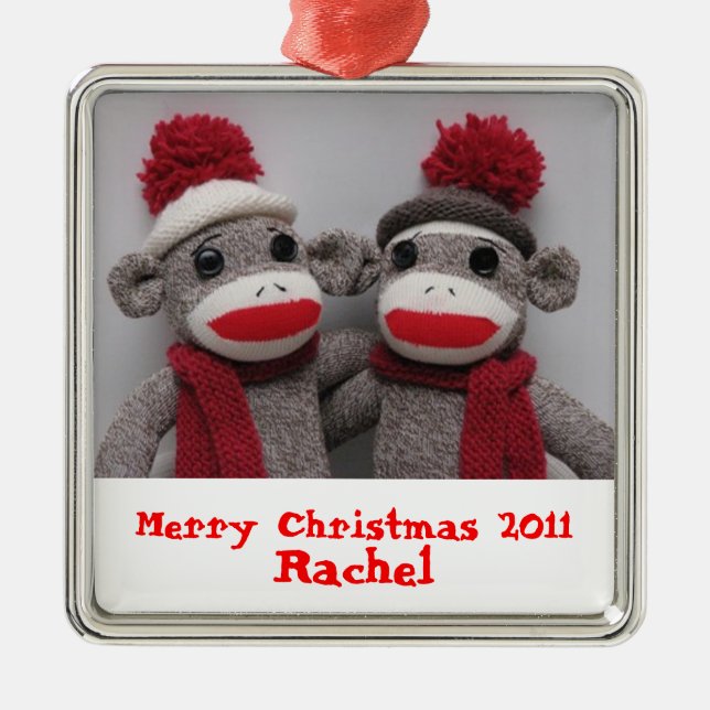 Frohe Weihnacht-Socken-Affe-Verzierung Silbernes Ornament (Vorne)