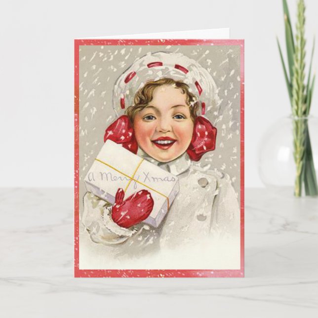 Frohe Weihnacht-Vintages Mädchen Snowy Feiertagskarte (Vorderseite)