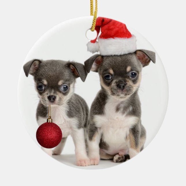 Frohe Weihnacht-Welpen Keramik Ornament (Vorne)
