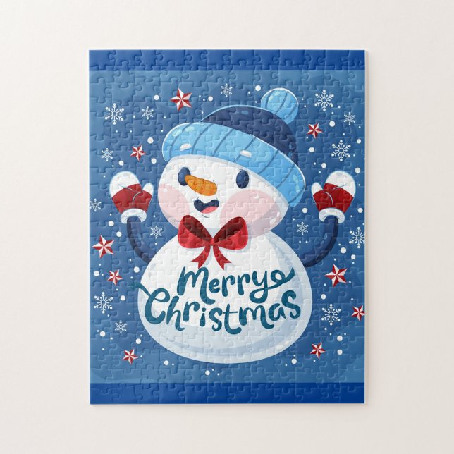 Frohe Weihnachten (Illustration of a jigsaw puzzle with a snowman wearing a blue hat and red bowtie!)