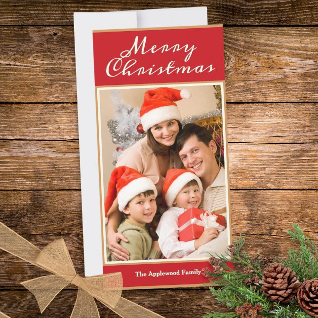 Frohe Weihnachten 1 Foto Elegante Rote Imitate Gol (A rustic Christmas card in red, faux gold and cream, to personalize with a photo and name(s))