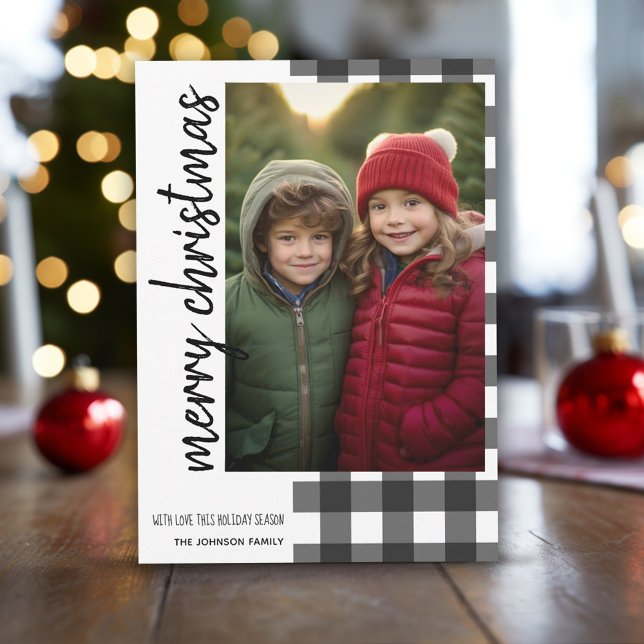 Frohe Weihnachten 1 Foto White Black Buffalo Karie (Buffalo Plaid in white and black with 1 photo - online christmas card)