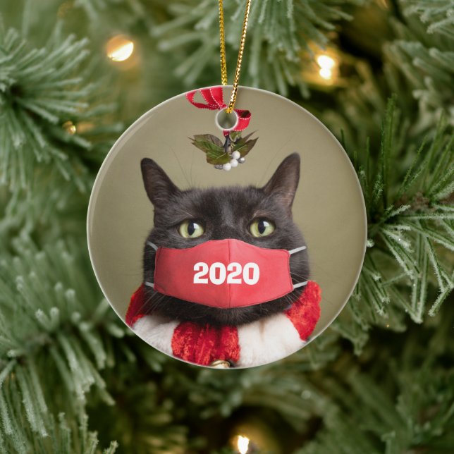 Frohe Weihnachten 2020 Katze in Covid Gesichtsmask Keramik Ornament (Baum)
