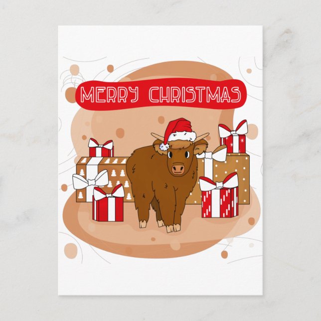 Frohe Weihnachten 2021 und Hochlandkuh Postkarte (Vorderseite)