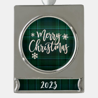 Frohe Weihnachten 2023 Grün Kariert Banner-Ornament Silber