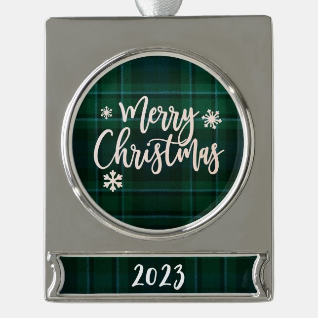 Frohe Weihnachten 2023 Grün Kariert Banner-Ornament Silber (Vorderseite)