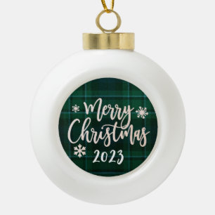 Frohe Weihnachten 2023 Grün Kariert Keramik Kugel-Ornament