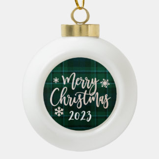 Frohe Weihnachten 2023 Grün Kariert Keramik Kugel-Ornament