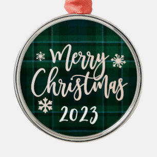 Frohe Weihnachten 2023 Grün Kariert Ornament Aus Metall