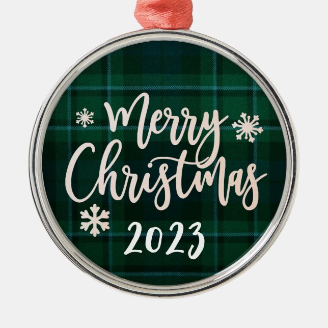 Frohe Weihnachten 2023 Grün Kariert Ornament Aus Metall (Vorne)