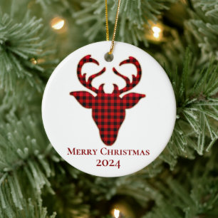 Frohe Weihnachten 2024 Karierter Rentier in Rot un Keramik Ornament