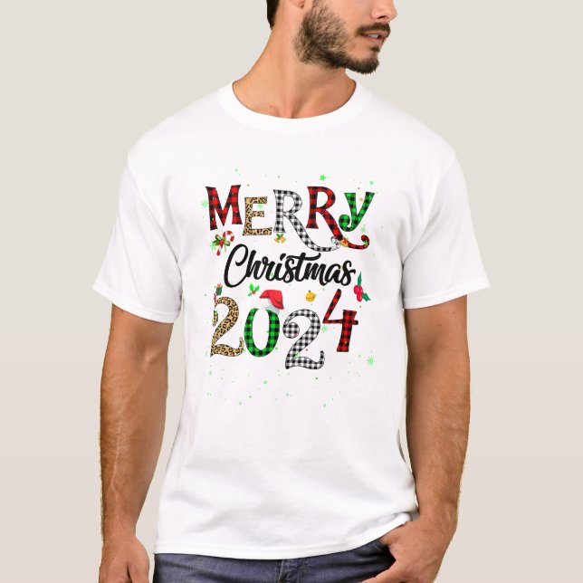 Frohe Weihnachten 2024 Leopard Buffalo Kariert Red T-Shirt (Vorderseite)