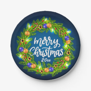 Frohe Weihnachten 20XX Grüner Kranz auf Blue 7" Pappteller