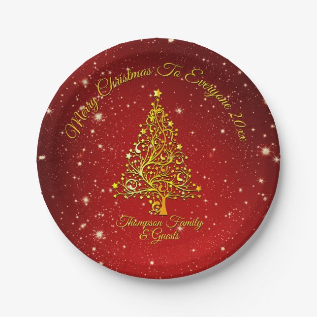 Frohe Weihnachten 20XX Red Gold Tree Stars 7" Pappteller (Vorderseite)