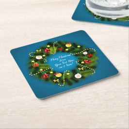 Frohe Weihnachten 20XX Text Grün Wreath Blau hinzu Rechteckiger Pappuntersetzer
