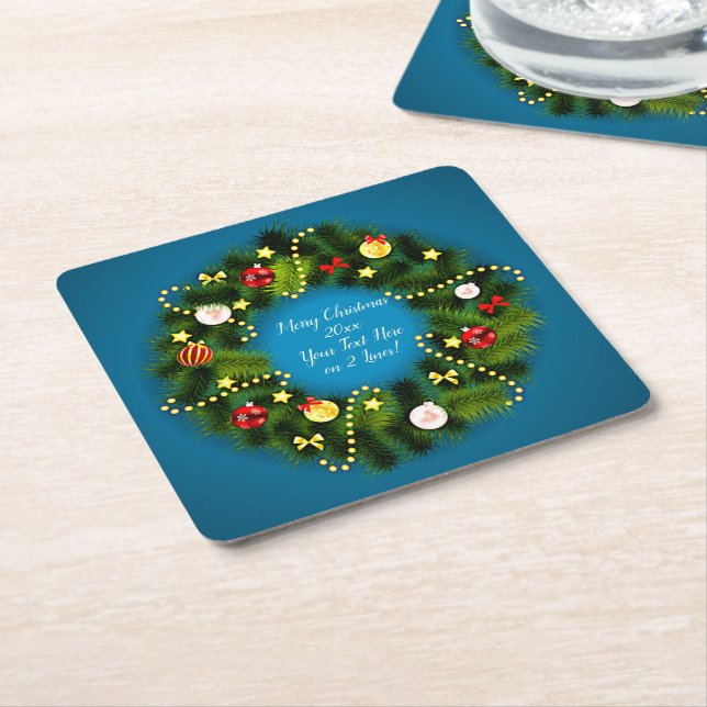 Frohe Weihnachten 20XX Text Grün Wreath Blau hinzu Rechteckiger Pappuntersetzer (angewinkelt)