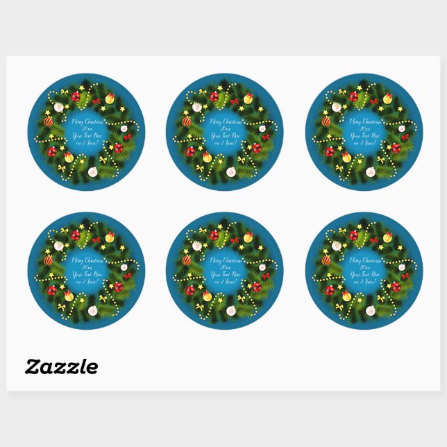 Frohe Weihnachten 20XX Text Grün Wreath Blau hinzu Runder Aufkleber (Blatt)