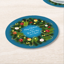 Frohe Weihnachten 20XX Text Grün Wreath Blau hinzu Runder Pappuntersetzer