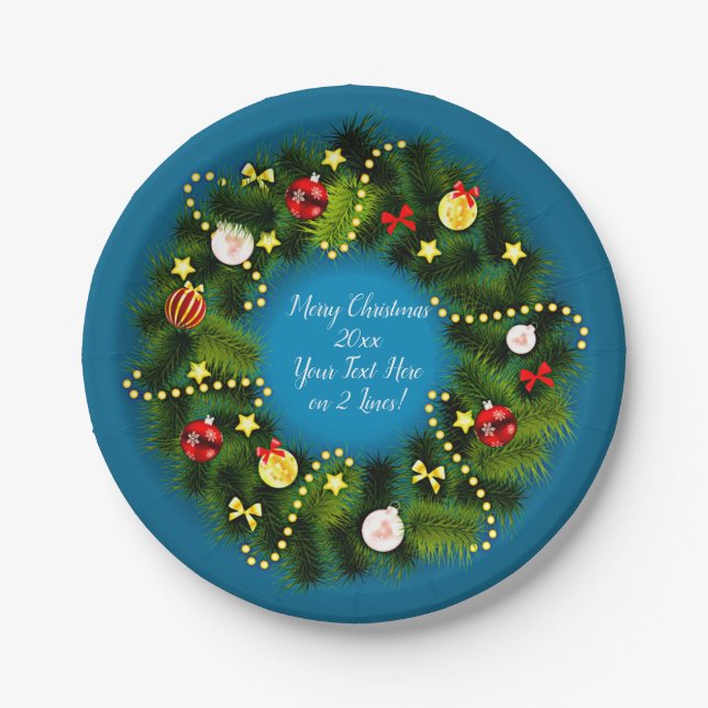 Frohe Weihnachten 20XX Text Grün Wreath Blue 7" Pappteller (Vorderseite)