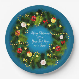 Frohe Weihnachten 20XX Text Grün Wreath Blue 9" Pappteller