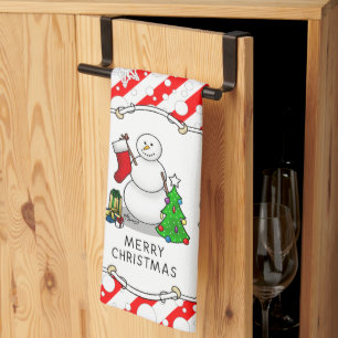 Frohe Weihnachten 2 Bäume Strumpf Snowman Geschirrtuch