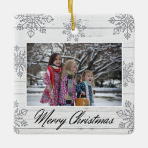 Frohe Weihnachten 2 Foto Holz Silber Schneeflocken Keramikornament