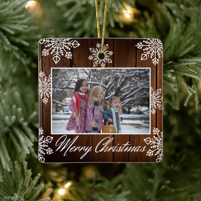 Frohe Weihnachten 2 Foto Rustikale Holzschneeflock Keramikornament (Baum)