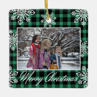 Frohe Weihnachten 2 Foto Schneeflocken grün karier Keramikornament