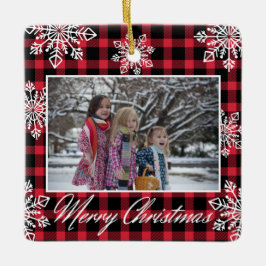 Frohe Weihnachten 2 Foto Schneeflocken Rot Kariert Keramikornament