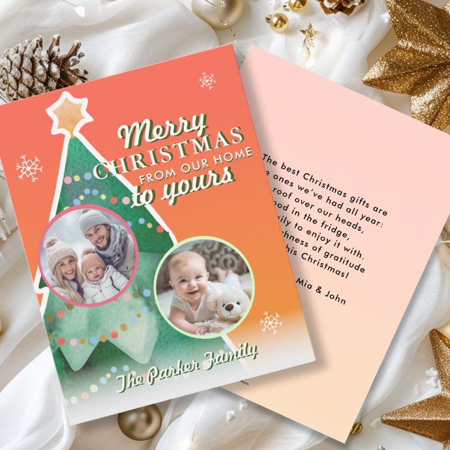 Frohe Weihnachten! 2 Foto, Weihnachtsbaum Feiertagskarte (Merry Christmas! 2 Photo, Orange-Green, Colorful Holiday Card, For Lovely Christmas Vibes.)
