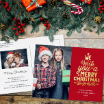 Frohe Weihnachten 2 Fotos Gold Foil Holiday Postca Folien Feiertagspostkarte<br><div class="desc">Moderne Weihnachtsgrüße,  personalisierbar mit einem Ihrer liebsten Weihnachtsportraits auf der Vorderseite,  neben einer hübschen Goldfolie-Beschriftung,  die "Wir wünschen Ihnen ein frohes Weihnachtsfest" auf einem schlicht leuchtend roten Hintergrund. Auf der Rückseite der Postkarte können Sie Ihre Rücksendeadresse,  ein zweites personalisierbares Foto und Ihre persönliche Grußbotschaft hinzufügen.</div>