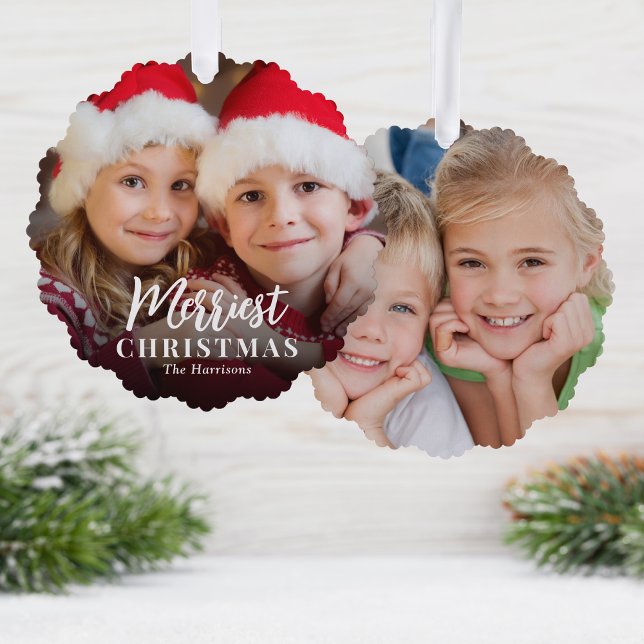 Frohe Weihnachten 2 Fotos Urlaub Ornament Karte (Share the love and warmth of the holiday season with a photo paper ornament card)