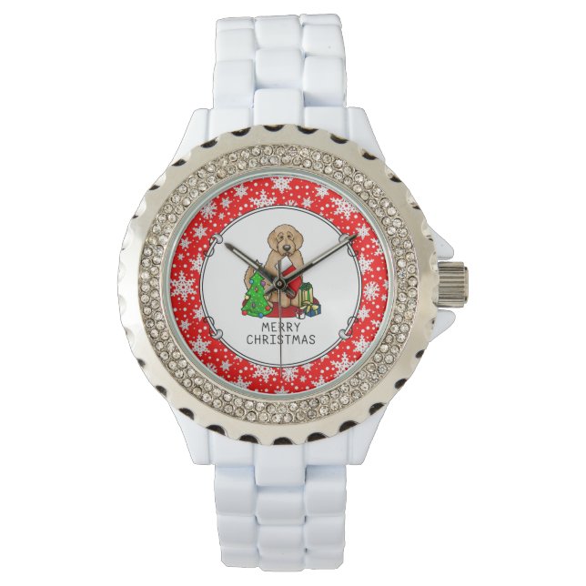Frohe Weihnachten 2 Goldendoodle (goldrot) Niedlic Armbanduhr (Vorderseite)