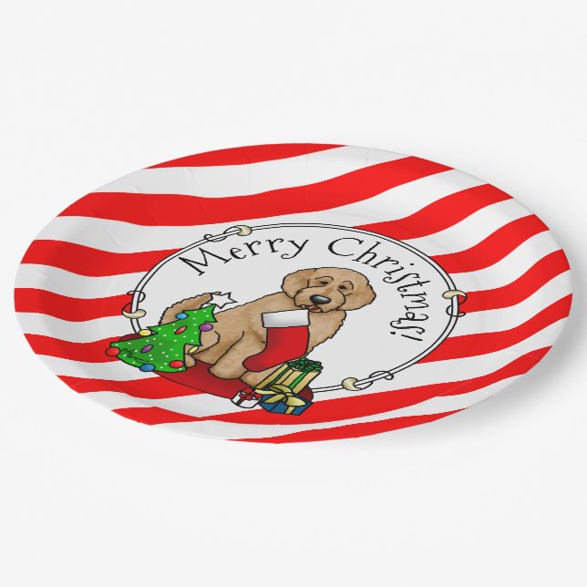 Frohe Weihnachten 2 Goldendoodle (goldrot) Niedlic Pappteller (Schrägansicht)